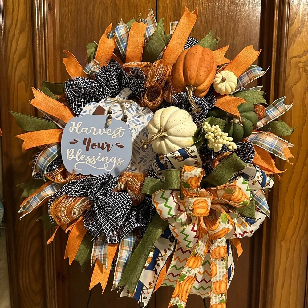 Festive Autumn Wreath with Pumpkin and Sunflower Accents